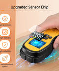 Pinless Wood Moisture Meter With LCD Display held by hand demonstrating fast accurate readings and features on wooden surface.