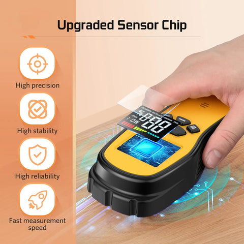 Pinless Wood Moisture Meter With LCD Display held by hand demonstrating fast accurate readings and features on wooden surface.
