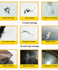 Various types of windshield damage including star, bull's eye, and long crack, highlighting Auto Glass Windshield Chip And Crack Repair Kit With Repair Fluid For Cars Trucks RVs And Sedans Quick Fix On The Go No Fuss That Stops Damage Spread Restores Clarity And Keeps Your Windshield Strong And Clear application.