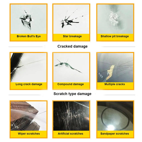Various types of windshield damage including star, bull's eye, and long crack, highlighting Auto Glass Windshield Chip And Crack Repair Kit With Repair Fluid For Cars Trucks RVs And Sedans Quick Fix On The Go No Fuss That Stops Damage Spread Restores Clarity And Keeps Your Windshield Strong And Clear application.