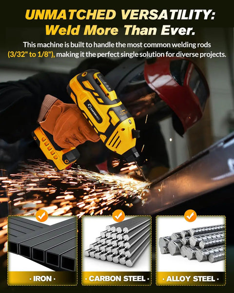 Ultra Portable 110V Handheld Stick Welder With IGBT Inverter in use on metal surface, showing versatility with iron and steel materials.
