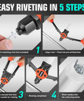 DNA Motors Heavy Duty Rivet Gun With Collection Bottle Tool Set demonstrating easy riveting steps for sheet metal.