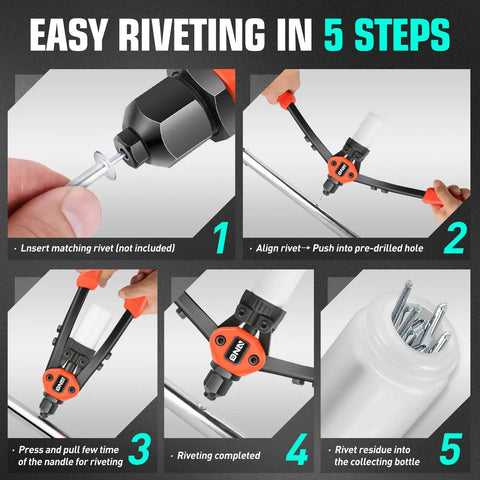 DNA Motors Heavy Duty Rivet Gun With Collection Bottle Tool Set demonstrating easy riveting steps for sheet metal.