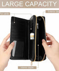 Open view of Leather RFID Wallet Clutch For Women With Built In Mirror And Zippered Coin Pocket Long Purse For Travel On The Go