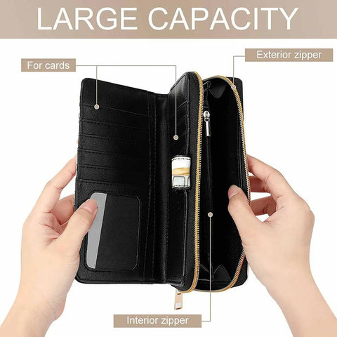Open view of Leather RFID Wallet Clutch For Women With Built In Mirror And Zippered Coin Pocket Long Purse For Travel On The Go