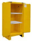 Hella Secure 60 Gallon Flammable Safety Cabinet With Double Wall Steel And Self Closing Doors open view with two shelves and yellow design