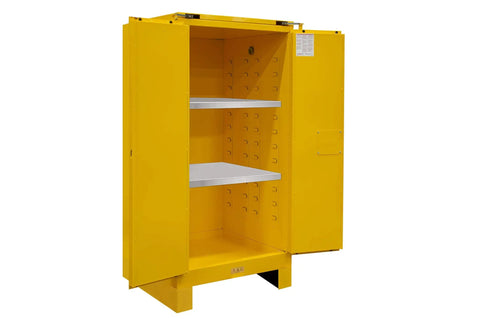 Hella Secure 60 Gallon Flammable Safety Cabinet With Double Wall Steel And Self Closing Doors open view with two shelves and yellow design