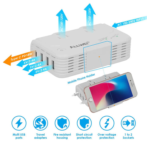 Global Travel Voltage Converter For Hair Tools 220V To 110V Up To 230W, compact white adapter with phone holder and USB ports.