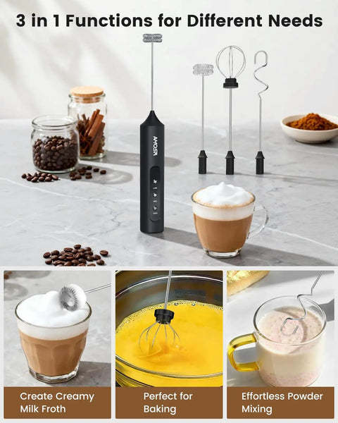 Rechargeable Handheld Milk Frother With Stand, USB C Charge, 3 Speeds And 3 Heads, Travel Case Included, No Fuss Tool For Latte Cappuccino Foam Milk And Cream on table with drinks and mixing elements visible