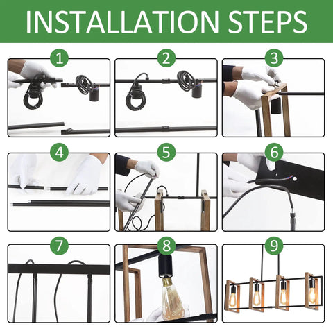 Installation steps for 4 Light Farmhouse Pendant Lights For Kitchen Island Rustic Metal Rectangle Pendant Lighting Chandelier Style Cozy Vibe Over Table Dining Room Linear Lighting Brown Finish
