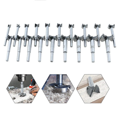 19 Piece Forstner Drill Bit Set 10mm To 40mm Range Pro Grade Woodworking Hole Cutter Bits on display, showing various sizes.