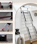 Foldable Aluminum Attic Ladder With 8 Step Design Portable Bunk Bed Access Stair With Handrails Built Tough Anti Slip Metal Climb Step Ladder For Dorm RV Home Supports 330 Lbs Easy Fold And Store, installed on a yacht cabin wall