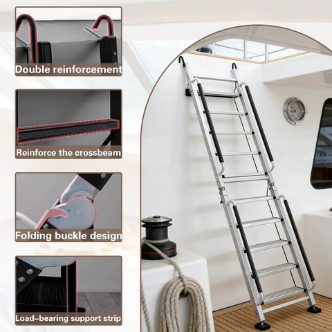 Foldable Aluminum Attic Ladder With 8 Step Design Portable Bunk Bed Access Stair With Handrails Built Tough Anti Slip Metal Climb Step Ladder For Dorm RV Home Supports 330 Lbs Easy Fold And Store, installed on a yacht cabin wall