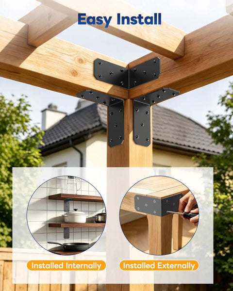 Beefy Heavy Duty L Brackets 5x5x2.5 Inches 300 Lb Per Bracket Black 4 Pack For Shelves Or Workbenches Built From 4mm Carbon Steel With 8x Bend Resistance Compared To 2mm Brackets Ideal Garage Storage installed on wood beam