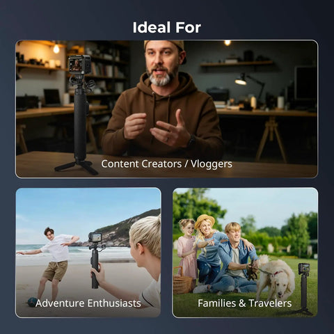 Three scenes showing Power Grip With Built In 5000mAh Battery For Action Cameras And Phones in use by vloggers, adventurers, families.