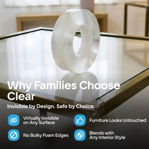 Bonk Free Household Furniture Edge Guard For Baby Proofing And 16 Foot Pre Taped Clear Corner Protectors on a glass table.