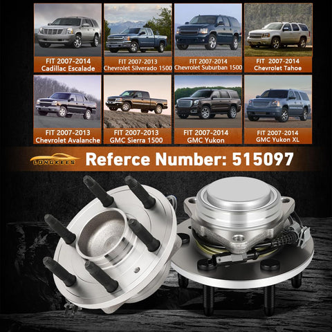 Front Wheel Hub Assembly And Wheel Bearing For 2007-2013 Silverado Sierra 1500 2WD And 2007-2014 Tahoe Yukon Suburban Escalade 2WD 6 Lug Replacement 515097 High Quality Aftermarket Part shown with GM vehicles