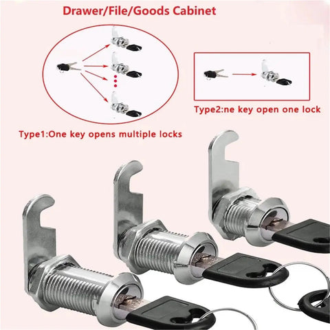 Heavy Duty Desk Drawer Locks Set, 5 Pack With 2 Keys, Smooth Alloy Cabinet Locks for Office File Cabinets, diagram showing lock types