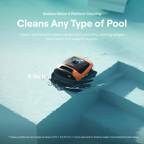 Sora 30 Pool Vacuum Robot 4 In 1 Cleaner For Shallow Areas With 6800 GPH Power in vibrant orange cleaning shallow pool steps.