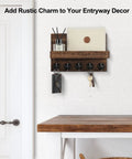 Wall Mounted Key And Mail Organizer With Shelf And Large Hooks For Keys Bags Coats And Leashes Keeps Your Essentials In One Spot Paulownia Wood Key Hanger With Mounting Hardware Brown Finish Durable Entryway Organizer above wooden table on white wall