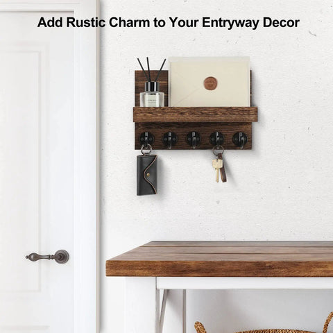 Wall Mounted Key And Mail Organizer With Shelf And Large Hooks For Keys Bags Coats And Leashes Keeps Your Essentials In One Spot Paulownia Wood Key Hanger With Mounting Hardware Brown Finish Durable Entryway Organizer above wooden table on white wall