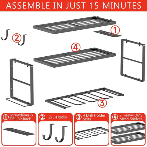 Components of Garage-Ready Heavy Duty Drill Holder And Power Tool Organizer Wall Mount with assembly instructions.