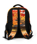 Back view of Maple Branch Autumn Cabin Printed Unisex Backpack With Large Capacity Built From Durable Polyester For Everyday School Travel Hiking