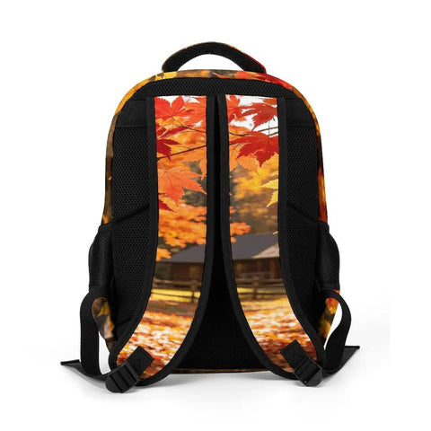 Back view of Maple Branch Autumn Cabin Printed Unisex Backpack With Large Capacity Built From Durable Polyester For Everyday School Travel Hiking
