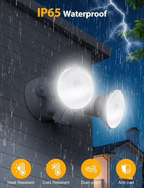 Badass Dual Head Motion Sensor Flood Lights With E26 PAR38 Sockets And Dusk To Dawn Auto Trigger, Hardwired Outdoor Security Spots For Garage Driveway Porch In Crisp White