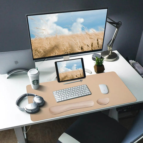Leather Desk Pad Set With Keyboard Wrist Rest And Mouse Wrist Rest, 3 In 1 Non Slip Desk Mat for home office setup, beige, large
