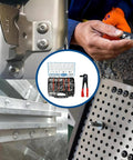 Heavy Duty Pop Rivet Gun Coupled With A Game Changing Assortment Kit, featuring black rivets and fasteners in use on metal.