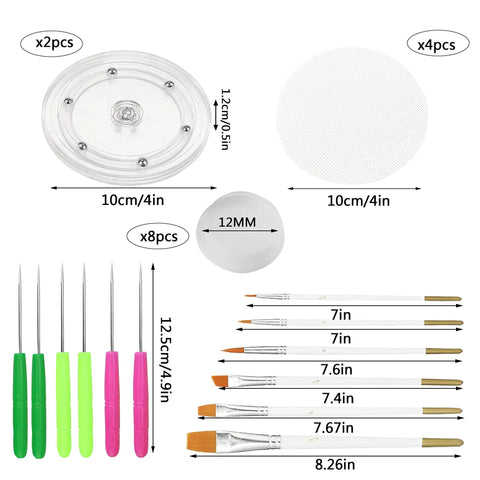 Level Up Your Baking Game With This Complete Cookie Decorating Kit Featuring Two Smooth Acrylic Turntables Six Precision Scribe Needles Four Non Slip Silicone Mats Six Flexible Detail Brushes And Eight Secure Rubber Feet For Flawless Icing Results. Image showing two 4in acrylic turntables, six scribe needles, and detail brushes.