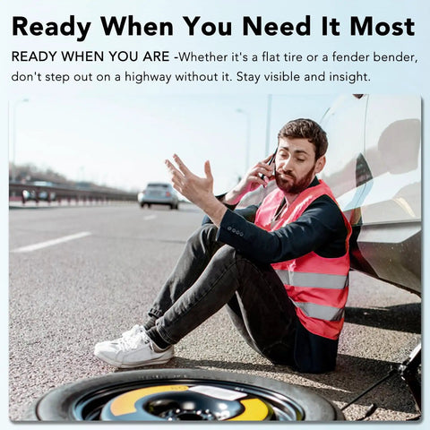 Rock This Neon Pink Three Pack Reflective Safety Vest For Men And Women Featuring Bold Two Inch Strips For Genuine High Visibility Coverage On Active Job Sites And Nighttime Outdoor Tasks Stay Safe Out There Straight Up Every Single Day worn by a man sitting on the roadside with a flat tire.