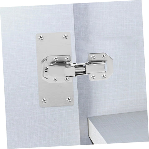 Two-piece silver screw-in hydraulic cabinet hinge installed on light gray kitchen cabinet door and frame.