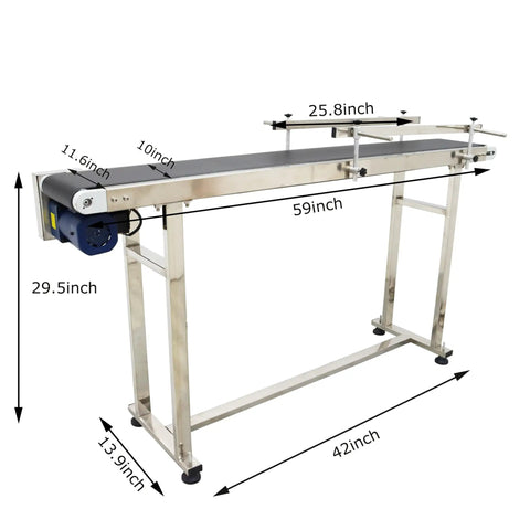 Industrial PVC Flat Belt Conveyor With Stainless Steel Frame And Adjustable Speed, Double Guardrails, 59 Inch Long