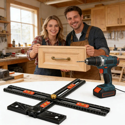 T Shaped Cabinet Pull Jig For Hit The Mark Drill Alignment And No Sweat Handle Installation With A Straight Shooter Design For Flawless Pro Results Every Time, showcased with a wooden drawer and drill.