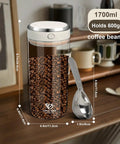 Big Capacity Airtight Coffee Bean Storage Jar With Date Tracker, 1700ml borosilicate glass jar filled with coffee beans.