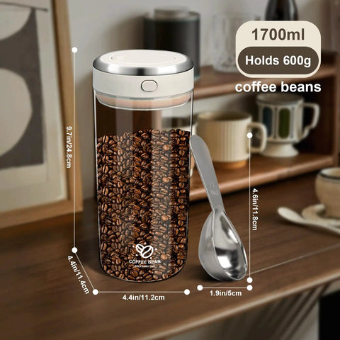 Big Capacity Airtight Coffee Bean Storage Jar With Date Tracker, 1700ml borosilicate glass jar filled with coffee beans.