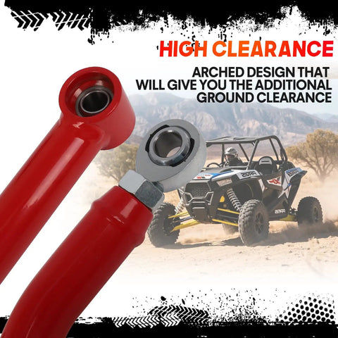 High Clearance Rear Radius Arms For 2014 And Up RZR XP 1000 And XP 4 1000 Beefed Up Heavy Duty Steel A Arms With Carbon Steel Bushings And Adjustable Heim Joints For Tough Trails Rock Crawling And Off Road Performance, red steel arm close-up