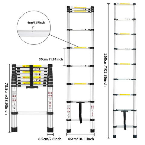 8.5FT Telescoping Aluminum Ladder With EN131 Standards, Heavy Duty Extension Ladder For Home And Outdoor Use, Lightweight, Adjustable Height, Safe Locking Rungs, 330 Pound Load Capacity, Durable Aluminum Build, folded and extended views