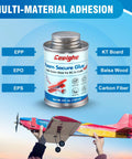 Foam RC Plane Repair Kit With 4 Oz Foam Glue And Hinge Tape Roll Pro Grade Brush Cap Applicator image with glue can and model plane.