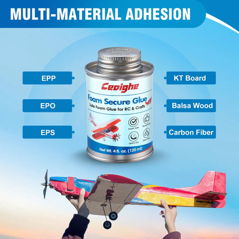 Foam RC Plane Repair Kit With 4 Oz Foam Glue And Hinge Tape Roll Pro Grade Brush Cap Applicator image with glue can and model plane.
