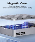 Premium Dual Bay M.2 Nvme Enclosure with magnetic cover for easy, tool-free hard drive replacement.