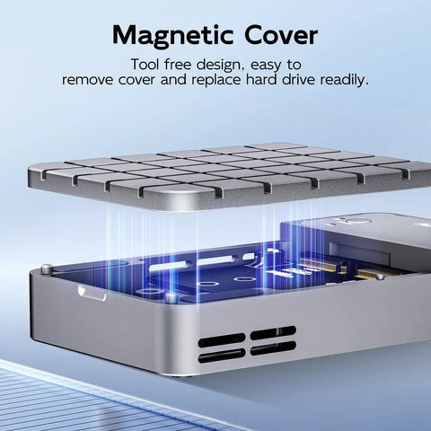 Premium Dual Bay M.2 Nvme Enclosure with magnetic cover for easy, tool-free hard drive replacement.