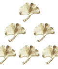 Six Piece Ginkgo Leaf Cabinet Knobs And Solid Zinc Drawer Pulls In Rustproof Brushed Gold Finish, detailed view of knobs.