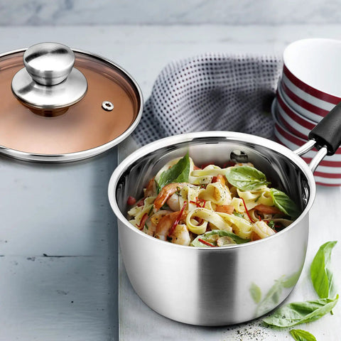 1 Quart Stainless Steel Saucepan With Glass Lid for Easy Cooking filled with pasta, durable small sauce pot shown without lid