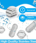 Four Pack Stainless Steel Ultrasonic Cleaner Baskets For Jewelry And Earrings Includes Two Large And Two Small Mesh Wash Baskets with water background.