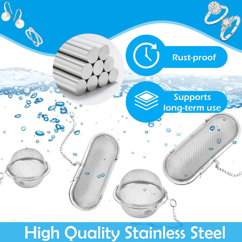 Four Pack Stainless Steel Ultrasonic Cleaner Baskets For Jewelry And Earrings Includes Two Large And Two Small Mesh Wash Baskets with water background.