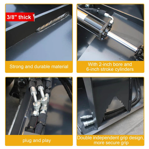 72 Inch Hydraulic Grapple Attachment for Skid Steer Loader With Quick Tach, showing close-up of 3/8 inch steel and dual cylinders.