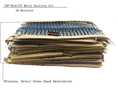 Stack of labeled resistors from Resistor Kit With 2425 Pieces From 1 Ohm To 1M Ohm, Metal Film, 97 Values, 5 Percent Tolerance.
